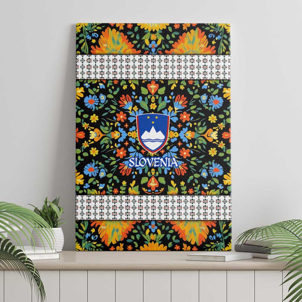 Slovenia Folk Art Canvas Wall Art Bright Floral Pattern with National Crest Emblem