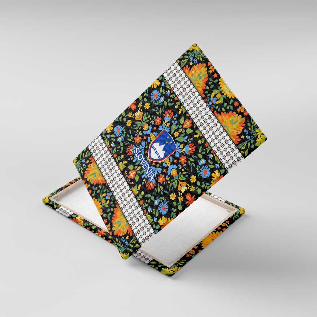 Slovenia Folk Art Canvas Wall Art Bright Floral Pattern with National Crest Emblem