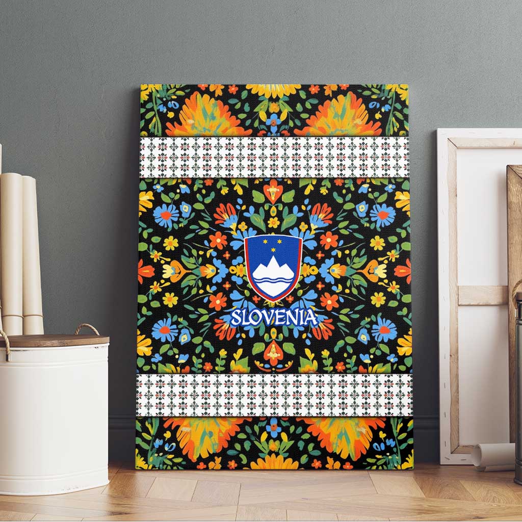 Slovenia Folk Art Canvas Wall Art Bright Floral Pattern with National Crest Emblem
