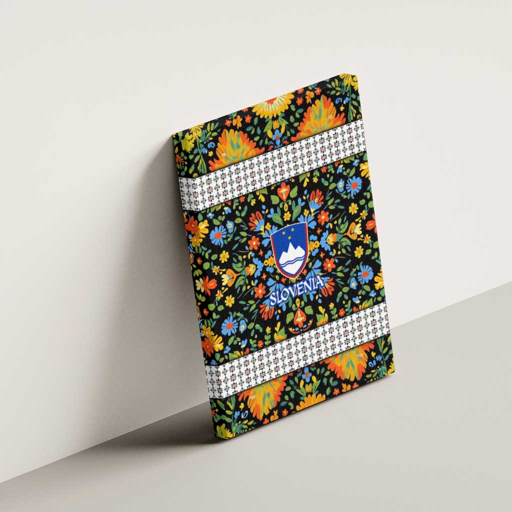 Slovenia Folk Art Canvas Wall Art Bright Floral Pattern with National Crest Emblem