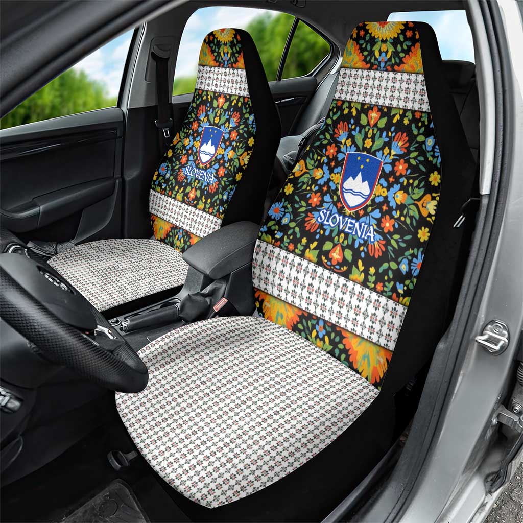Slovenia Folk Art Car Seat Cover Bright Floral Pattern with National Crest Emblem