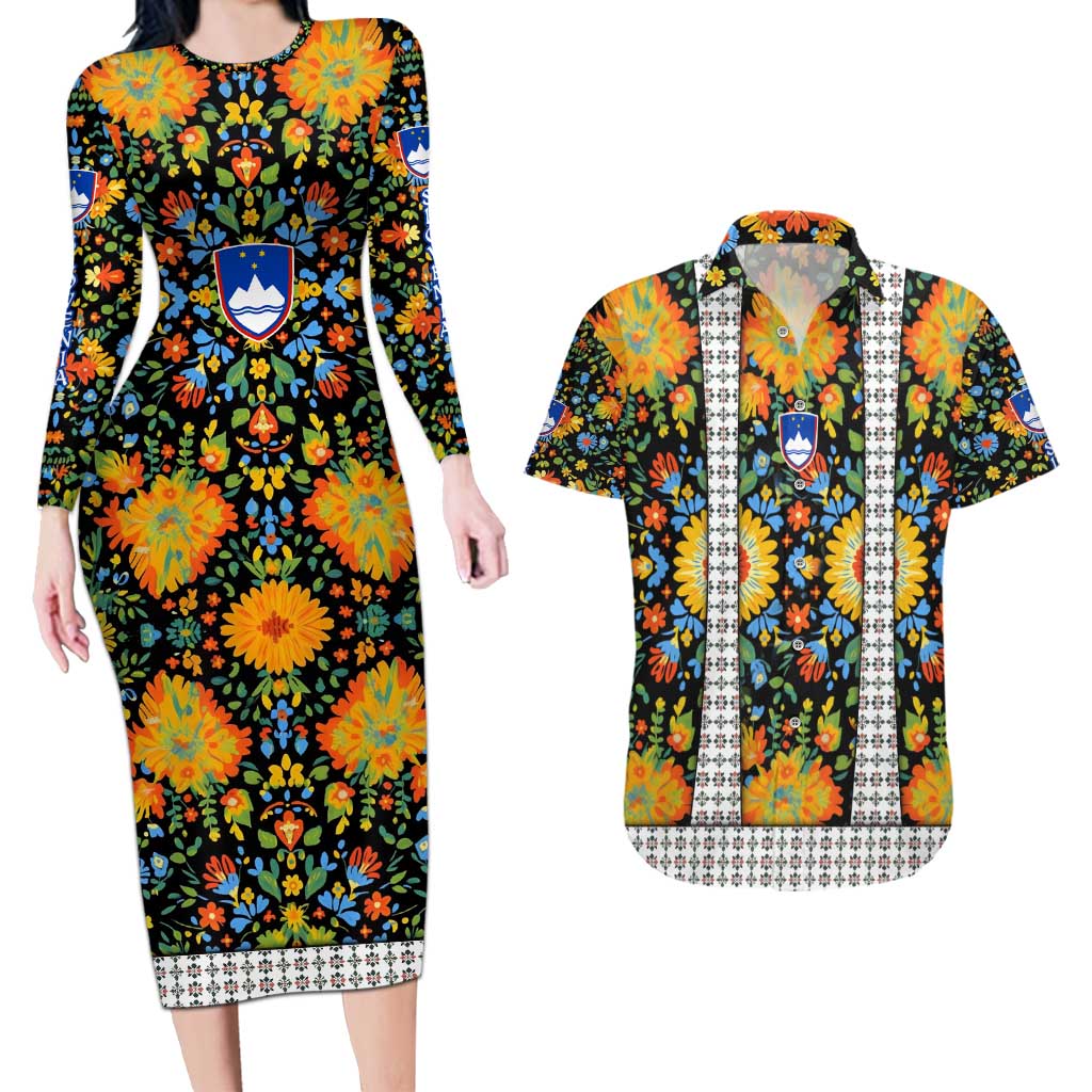 Slovenia Folk Art Couples Matching Long Sleeve Bodycon Dress and Hawaiian Shirt Bright Floral Pattern with National Crest Emblem