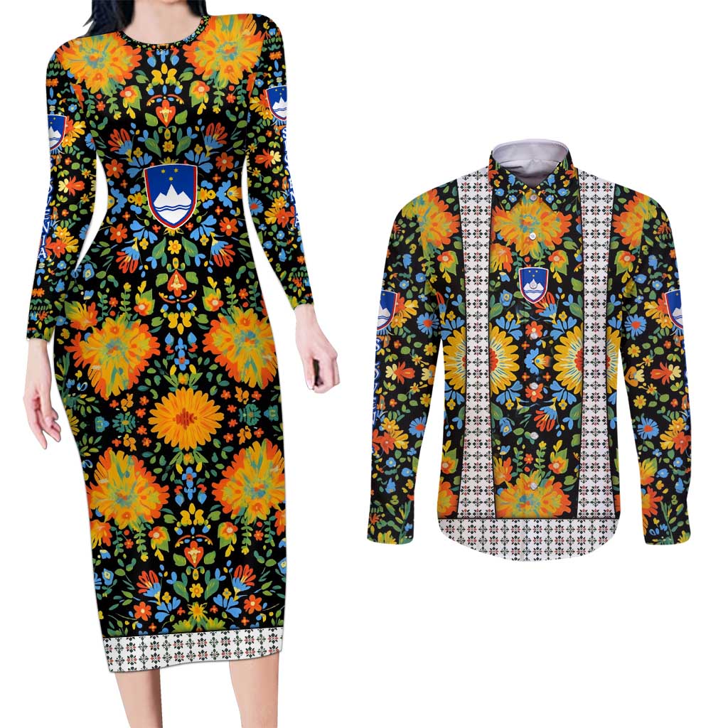 Slovenia Folk Art Couples Matching Long Sleeve Bodycon Dress and Long Sleeve Button Shirt Bright Floral Pattern with National Crest Emblem