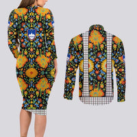 Slovenia Folk Art Couples Matching Long Sleeve Bodycon Dress and Long Sleeve Button Shirt Bright Floral Pattern with National Crest Emblem
