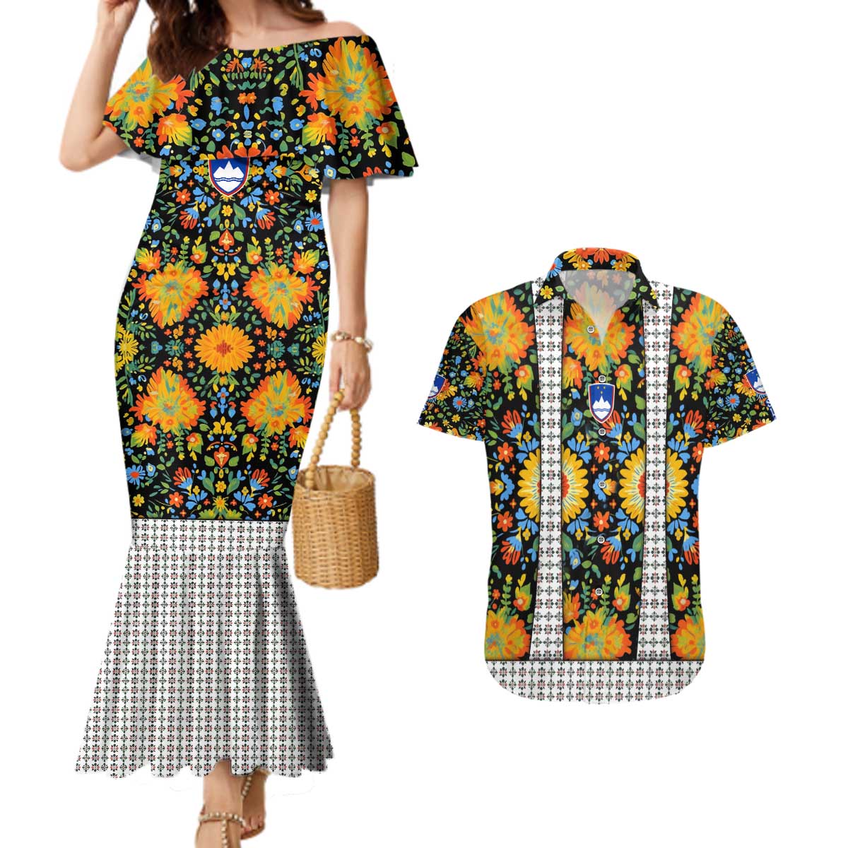 Slovenia Folk Art Couples Matching Mermaid Dress and Hawaiian Shirt Bright Floral Pattern with National Crest Emblem