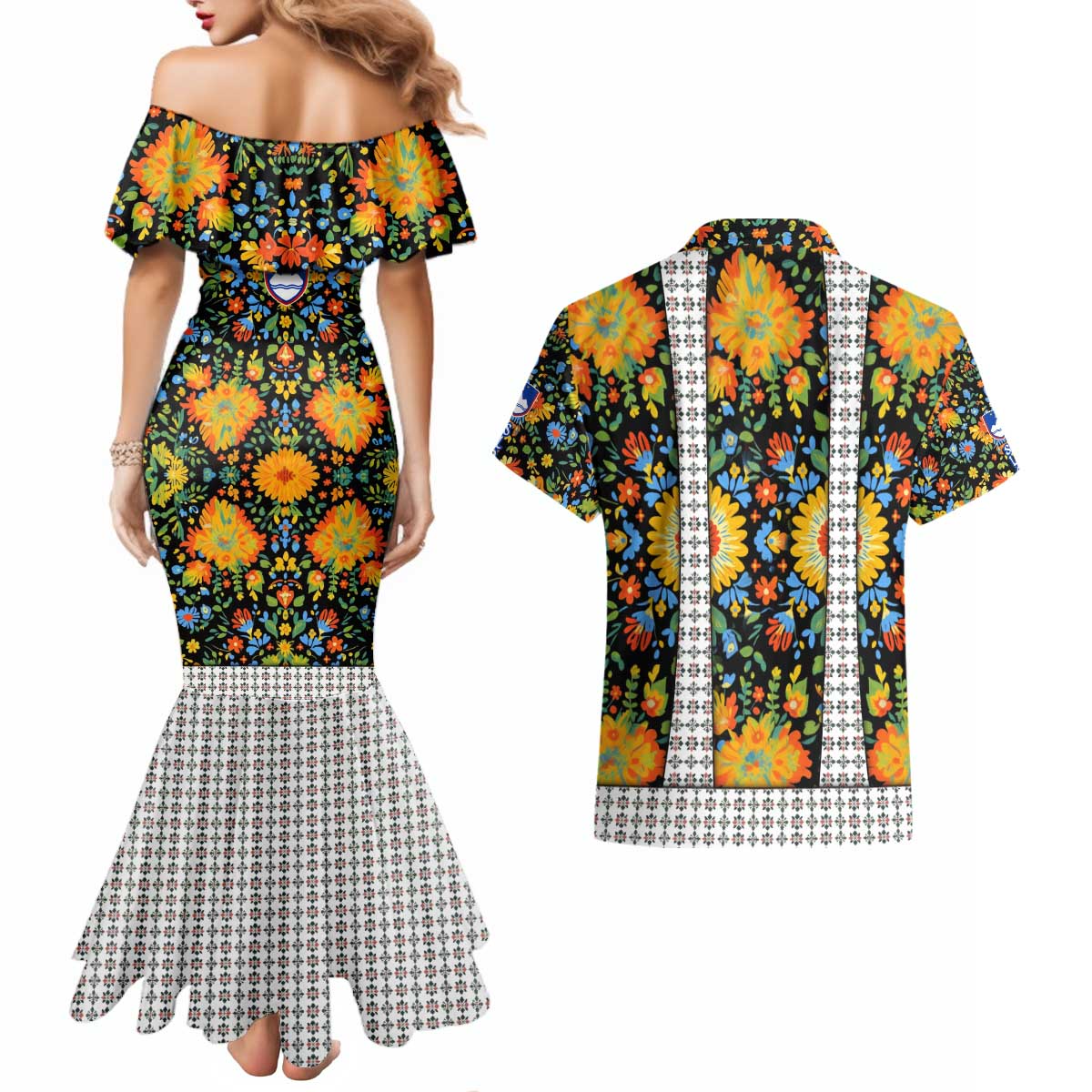 Slovenia Folk Art Couples Matching Mermaid Dress and Hawaiian Shirt Bright Floral Pattern with National Crest Emblem
