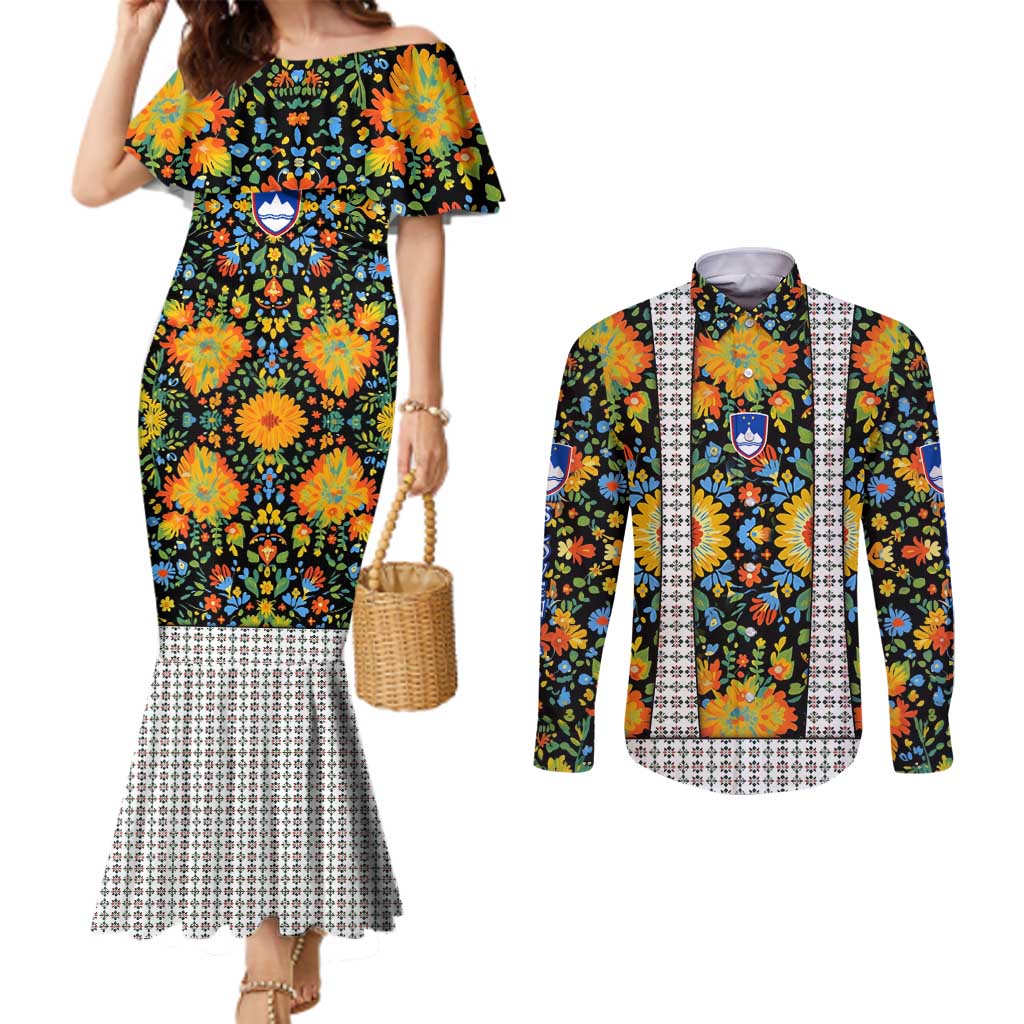 Slovenia Folk Art Couples Matching Mermaid Dress and Long Sleeve Button Shirt Bright Floral Pattern with National Crest Emblem