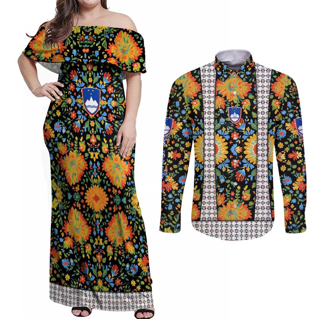 Slovenia Folk Art Couples Matching Off Shoulder Maxi Dress and Long Sleeve Button Shirt Bright Floral Pattern with National Crest Emblem