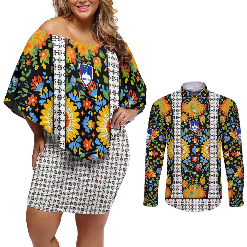 Slovenia Folk Art Couples Matching Off Shoulder Short Dress and Long Sleeve Button Shirt Bright Floral Pattern with National Crest Emblem