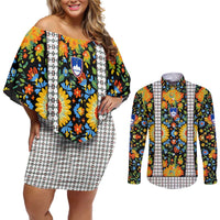 Slovenia Folk Art Couples Matching Off Shoulder Short Dress and Long Sleeve Button Shirt Bright Floral Pattern with National Crest Emblem