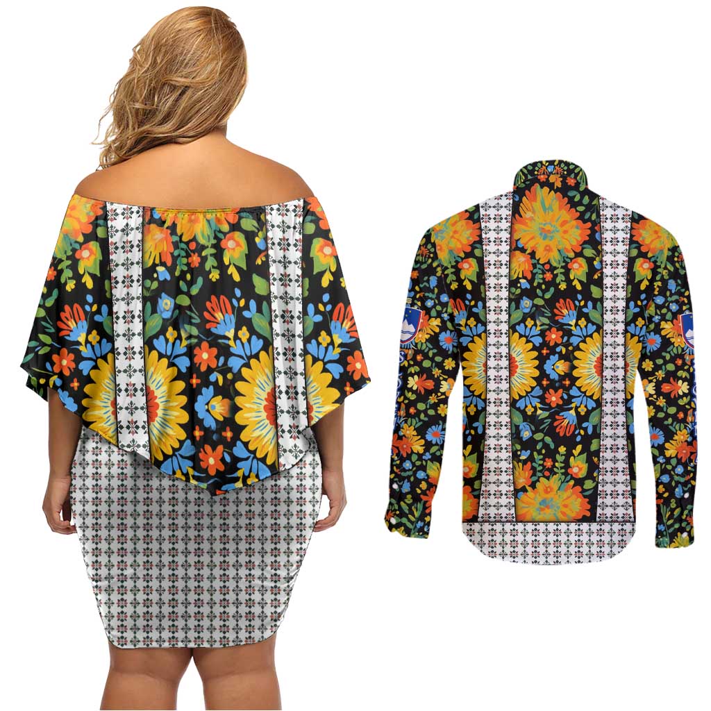 Slovenia Folk Art Couples Matching Off Shoulder Short Dress and Long Sleeve Button Shirt Bright Floral Pattern with National Crest Emblem