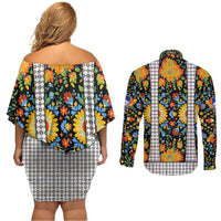 Slovenia Folk Art Couples Matching Off Shoulder Short Dress and Long Sleeve Button Shirt Bright Floral Pattern with National Crest Emblem