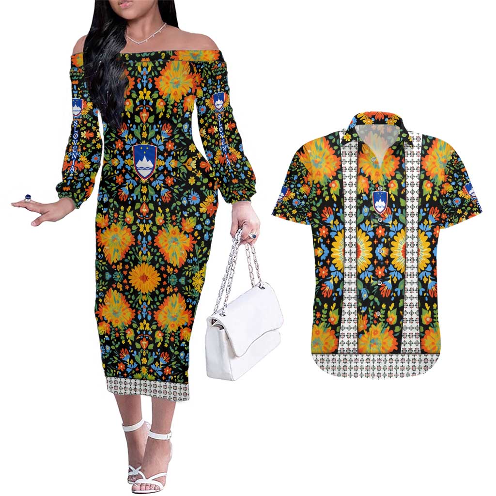 Slovenia Folk Art Couples Matching Off The Shoulder Long Sleeve Dress and Hawaiian Shirt Bright Floral Pattern with National Crest Emblem