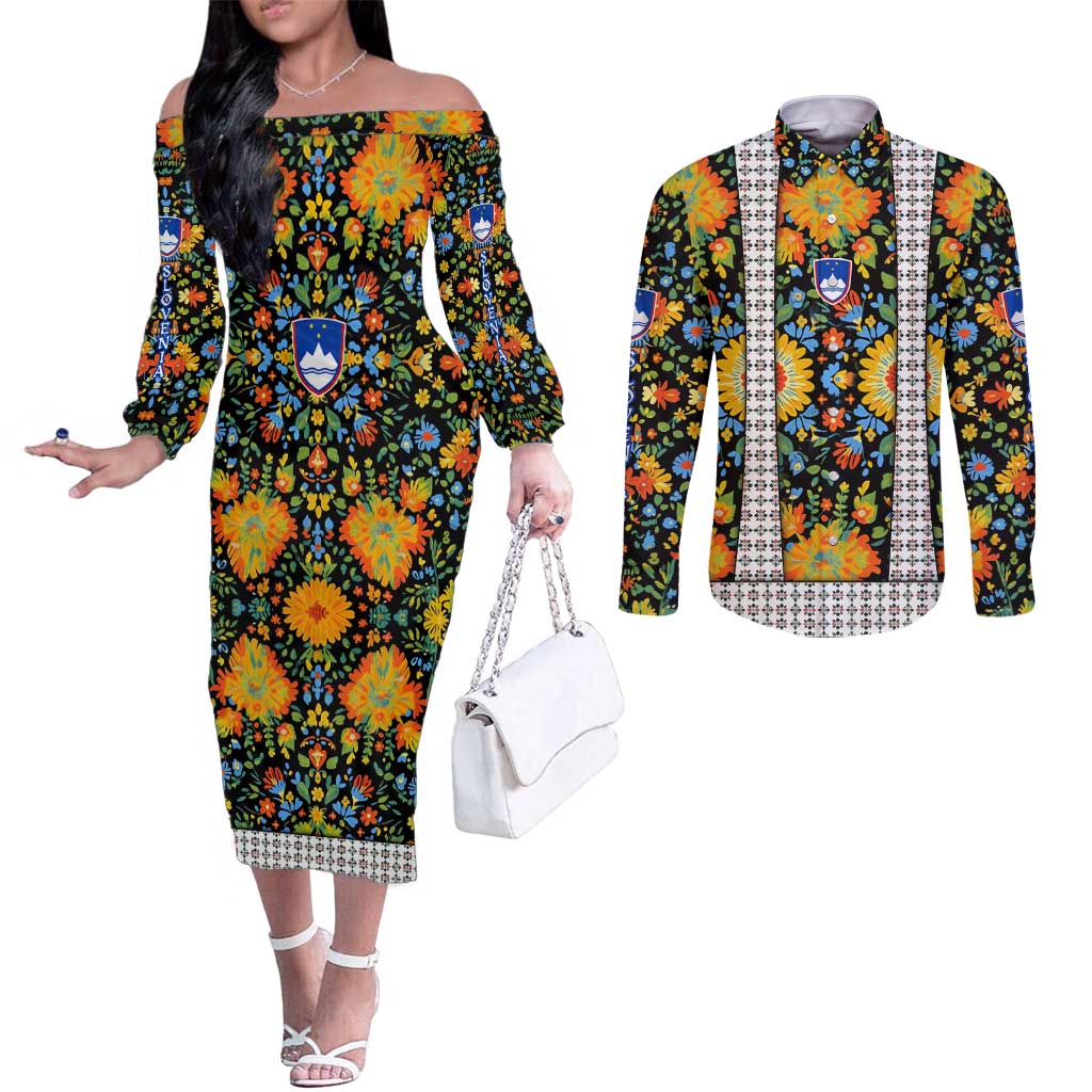 Slovenia Folk Art Couples Matching Off The Shoulder Long Sleeve Dress and Long Sleeve Button Shirt Bright Floral Pattern with National Crest Emblem