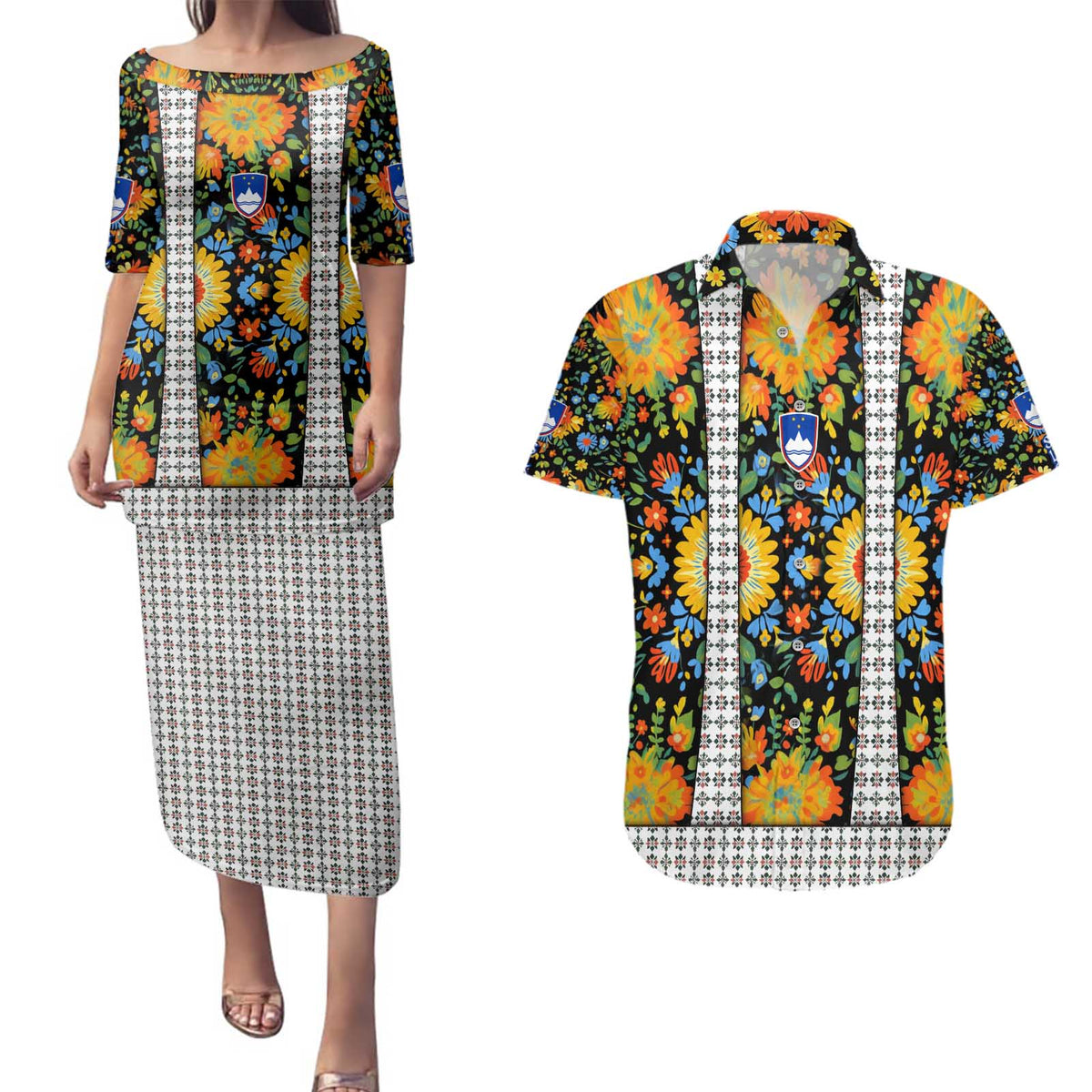Slovenia Folk Art Couples Matching Puletasi and Hawaiian Shirt Bright Floral Pattern with National Crest Emblem