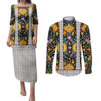 Slovenia Folk Art Couples Matching Puletasi and Long Sleeve Button Shirt Bright Floral Pattern with National Crest Emblem