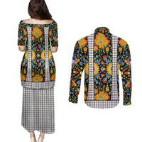 Slovenia Folk Art Couples Matching Puletasi and Long Sleeve Button Shirt Bright Floral Pattern with National Crest Emblem