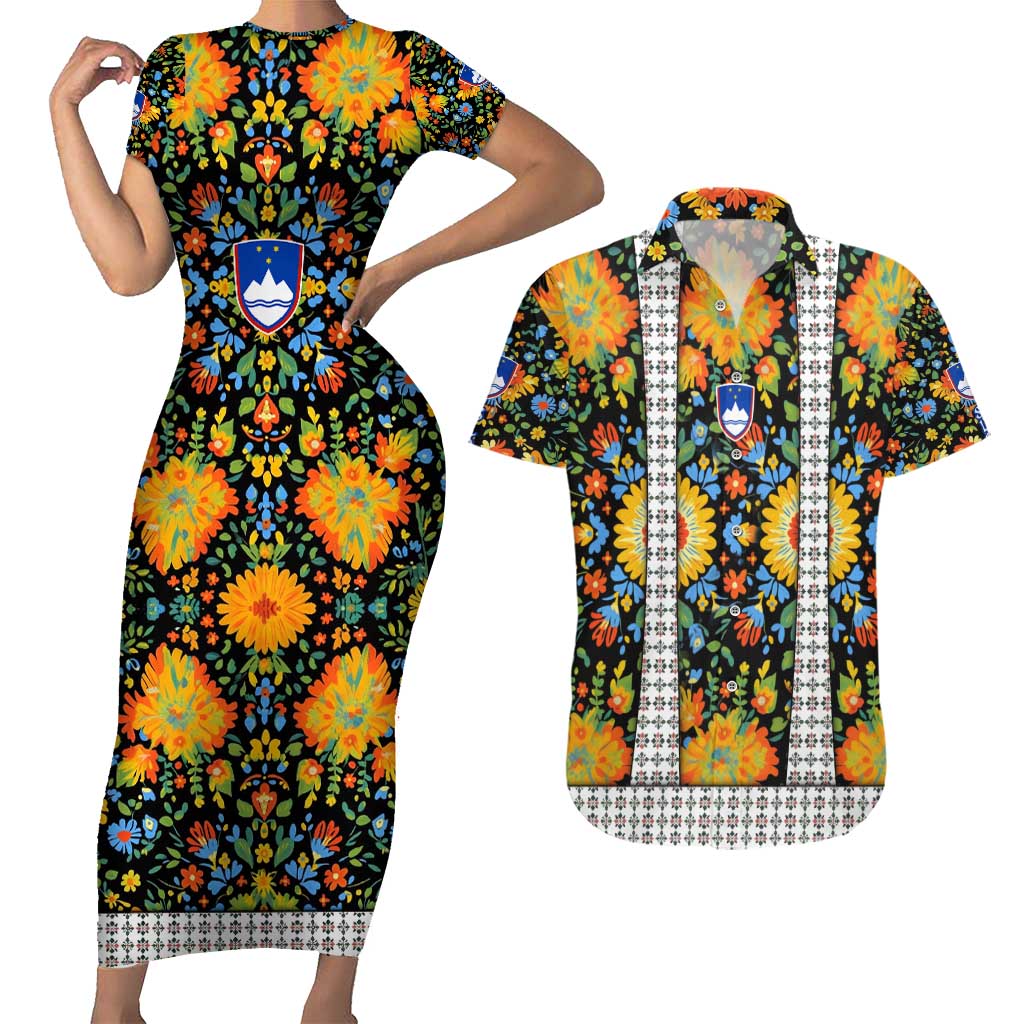 Slovenia Folk Art Couples Matching Short Sleeve Bodycon Dress and Hawaiian Shirt Bright Floral Pattern with National Crest Emblem