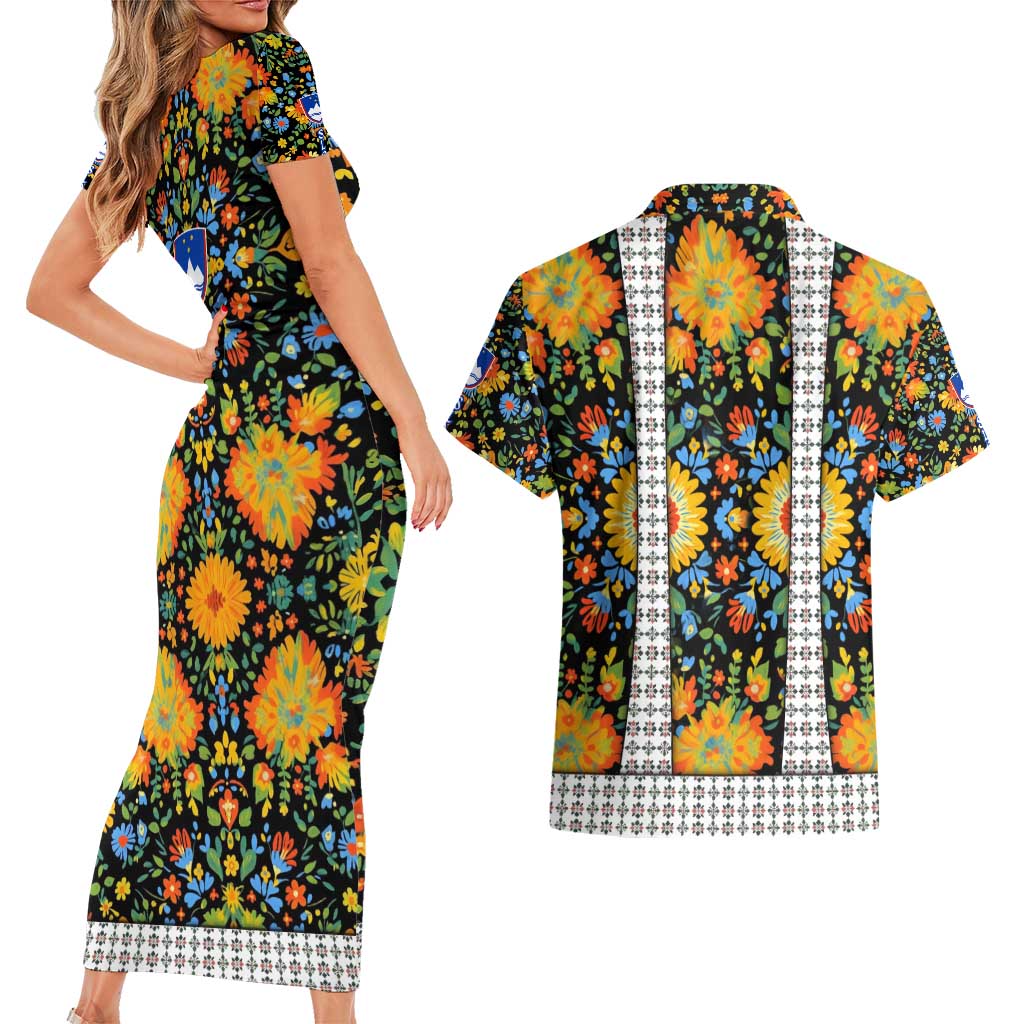 Slovenia Folk Art Couples Matching Short Sleeve Bodycon Dress and Hawaiian Shirt Bright Floral Pattern with National Crest Emblem