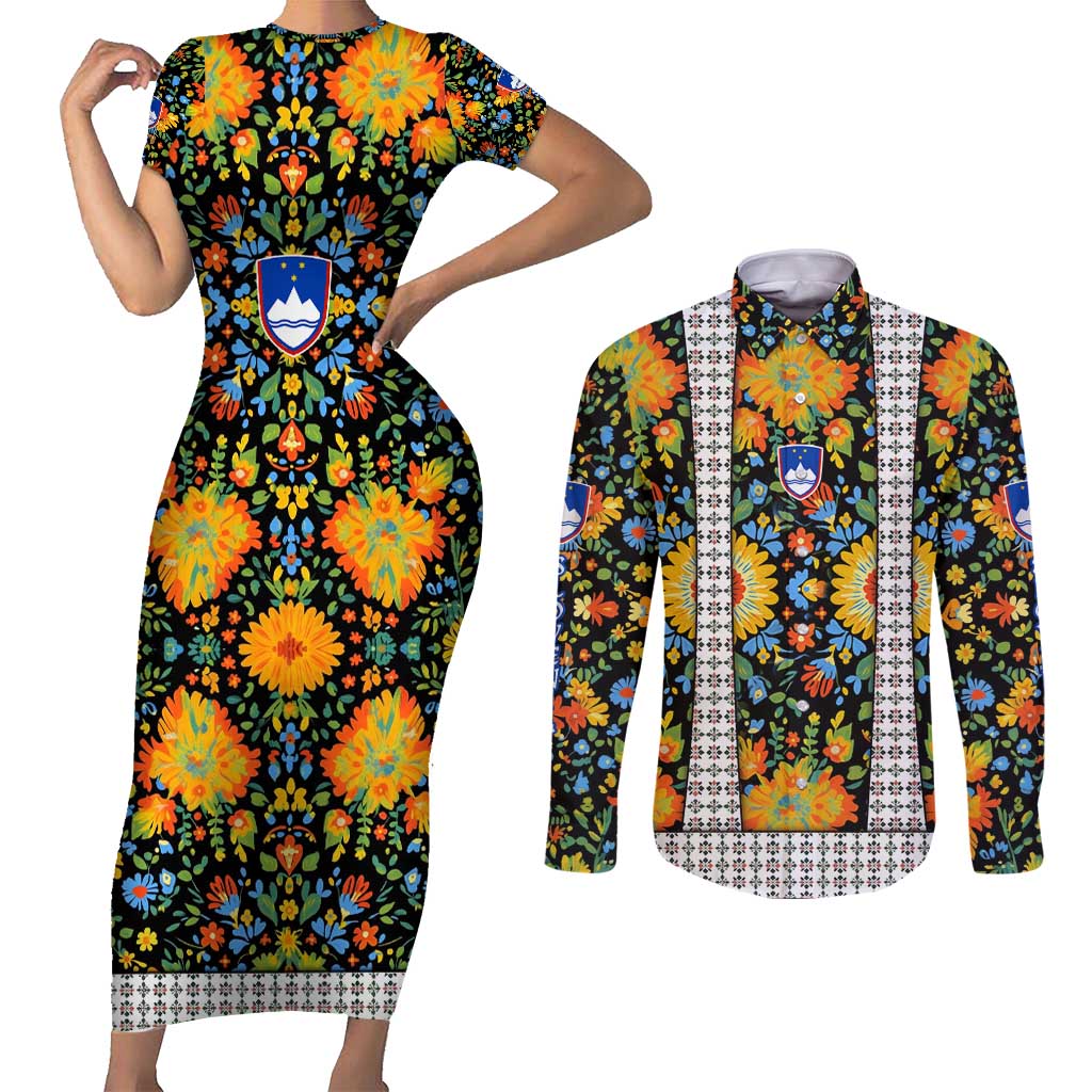 Slovenia Folk Art Couples Matching Short Sleeve Bodycon Dress and Long Sleeve Button Shirt Bright Floral Pattern with National Crest Emblem