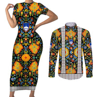 Slovenia Folk Art Couples Matching Short Sleeve Bodycon Dress and Long Sleeve Button Shirt Bright Floral Pattern with National Crest Emblem