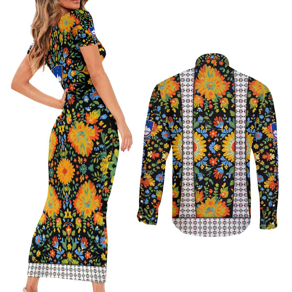 Slovenia Folk Art Couples Matching Short Sleeve Bodycon Dress and Long Sleeve Button Shirt Bright Floral Pattern with National Crest Emblem
