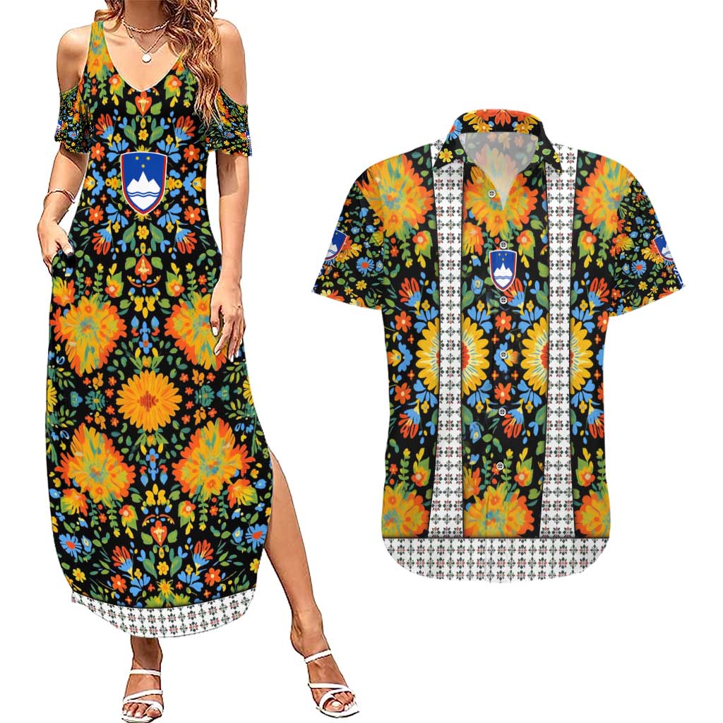 Slovenia Folk Art Couples Matching Summer Maxi Dress and Hawaiian Shirt Bright Floral Pattern with National Crest Emblem