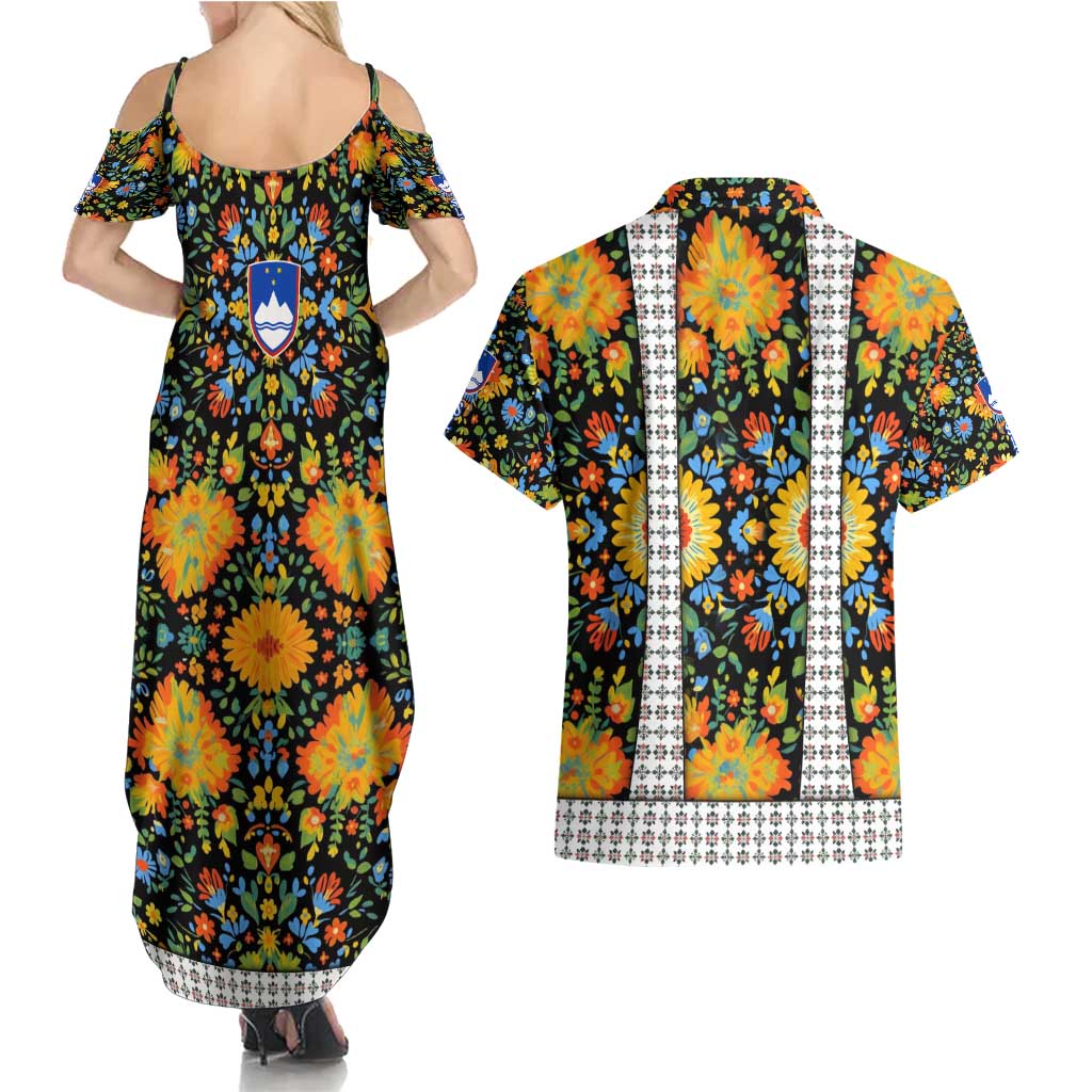 Slovenia Folk Art Couples Matching Summer Maxi Dress and Hawaiian Shirt Bright Floral Pattern with National Crest Emblem