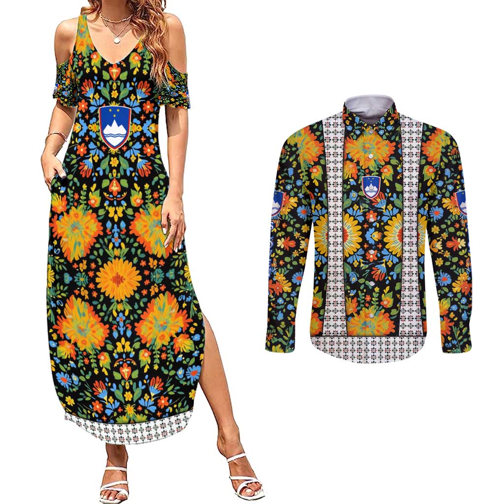Slovenia Folk Art Couples Matching Summer Maxi Dress and Long Sleeve Button Shirt Bright Floral Pattern with National Crest Emblem
