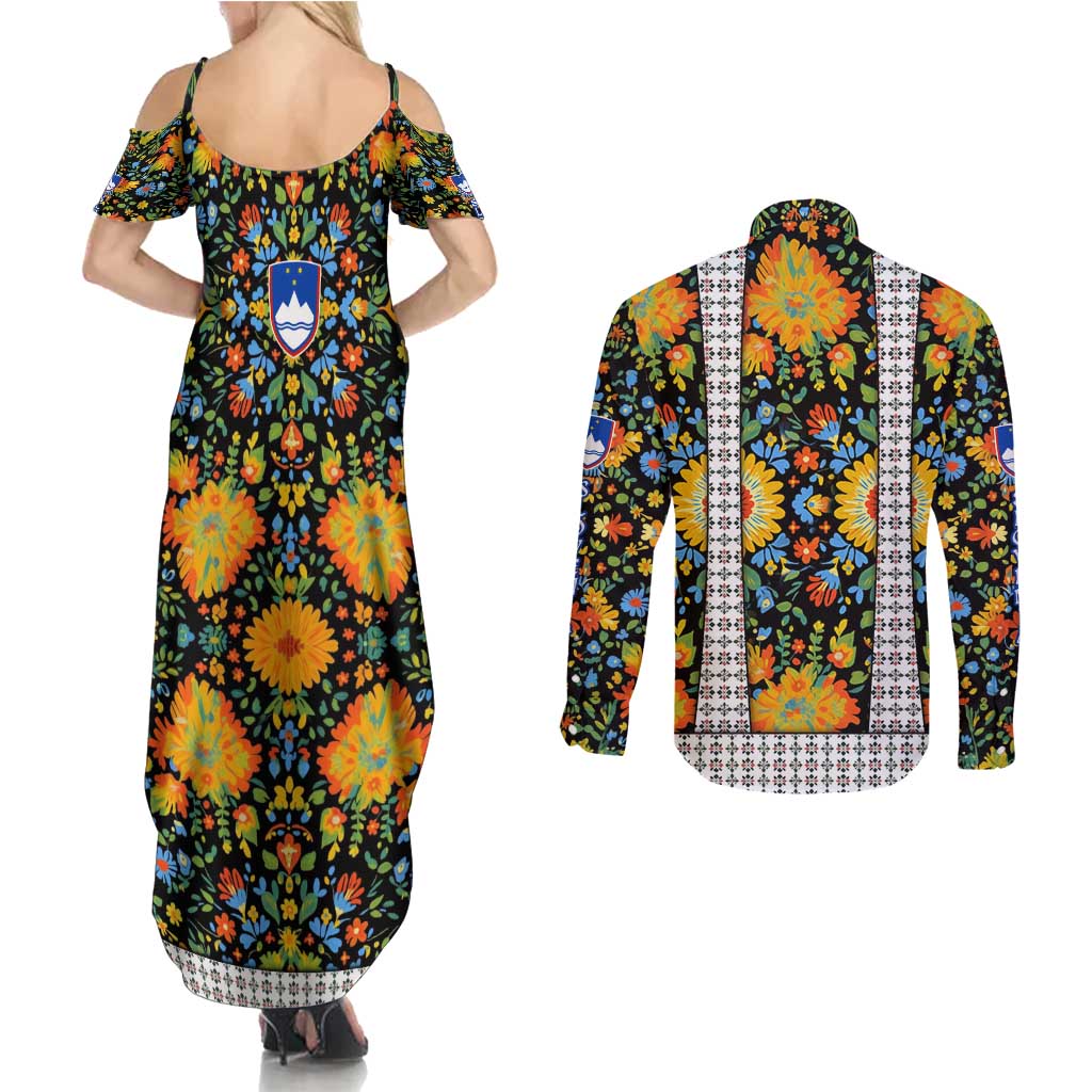 Slovenia Folk Art Couples Matching Summer Maxi Dress and Long Sleeve Button Shirt Bright Floral Pattern with National Crest Emblem