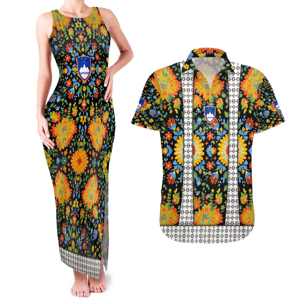 Slovenia Folk Art Couples Matching Tank Maxi Dress and Hawaiian Shirt Bright Floral Pattern with National Crest Emblem