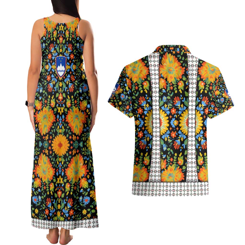 Slovenia Folk Art Couples Matching Tank Maxi Dress and Hawaiian Shirt Bright Floral Pattern with National Crest Emblem