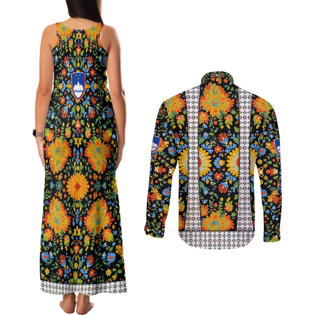 Slovenia Folk Art Couples Matching Tank Maxi Dress and Long Sleeve Button Shirt Bright Floral Pattern with National Crest Emblem