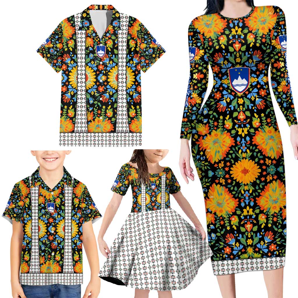 Slovenia Folk Art Family Matching Long Sleeve Bodycon Dress and Hawaiian Shirt Bright Floral Pattern with National Crest Emblem