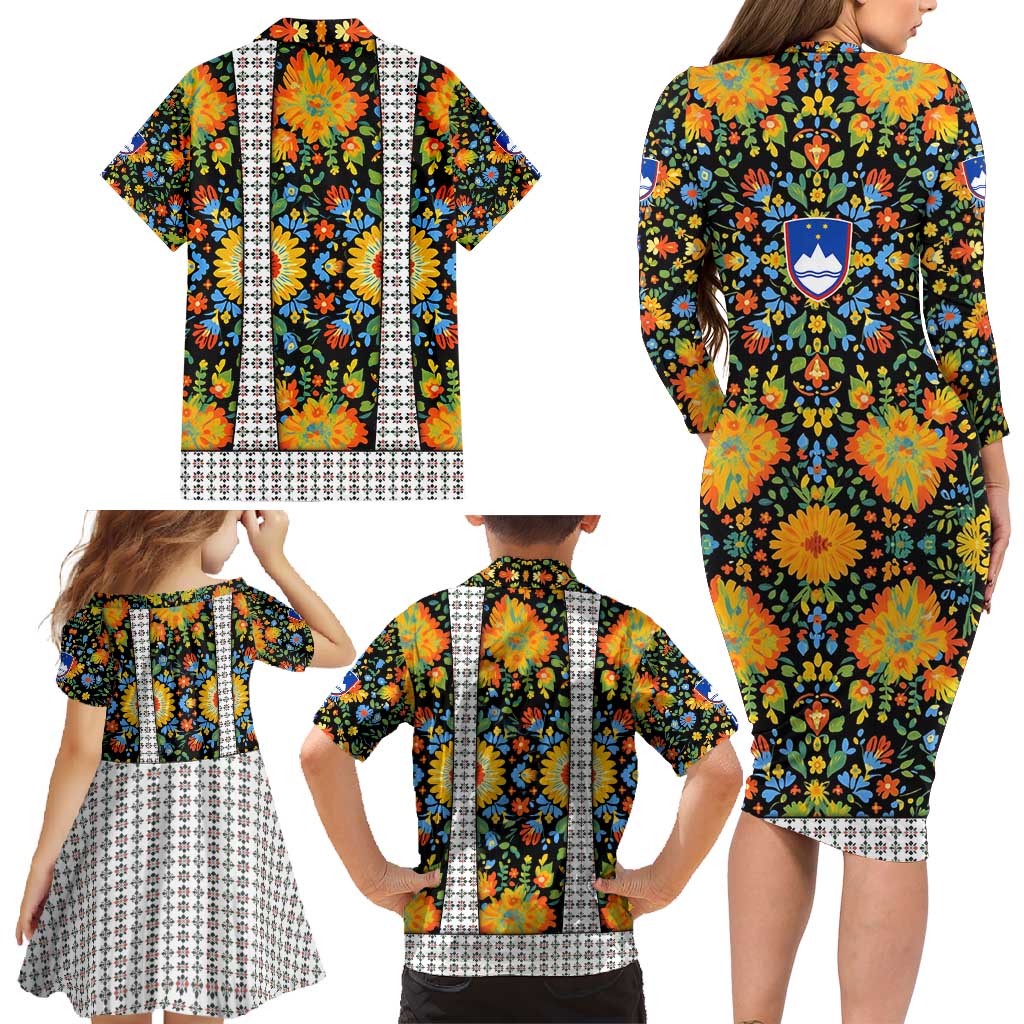 Slovenia Folk Art Family Matching Long Sleeve Bodycon Dress and Hawaiian Shirt Bright Floral Pattern with National Crest Emblem