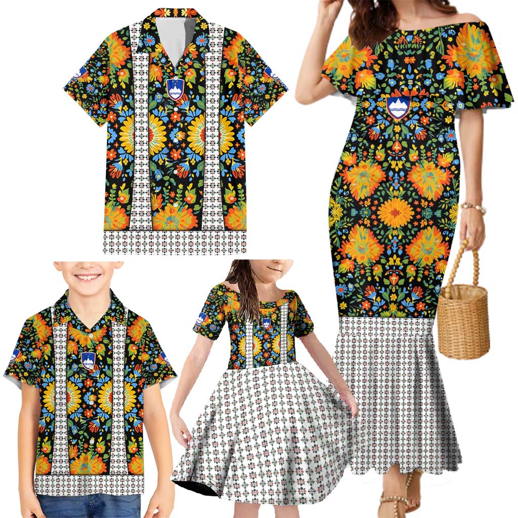 Slovenia Folk Art Family Matching Mermaid Dress and Hawaiian Shirt Bright Floral Pattern with National Crest Emblem