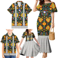 Slovenia Folk Art Family Matching Mermaid Dress and Hawaiian Shirt Bright Floral Pattern with National Crest Emblem