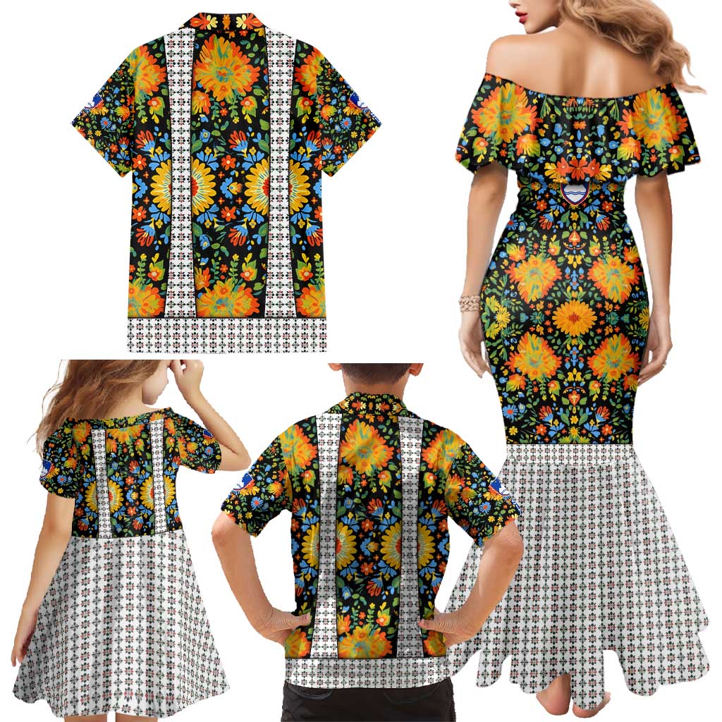Slovenia Folk Art Family Matching Mermaid Dress and Hawaiian Shirt Bright Floral Pattern with National Crest Emblem