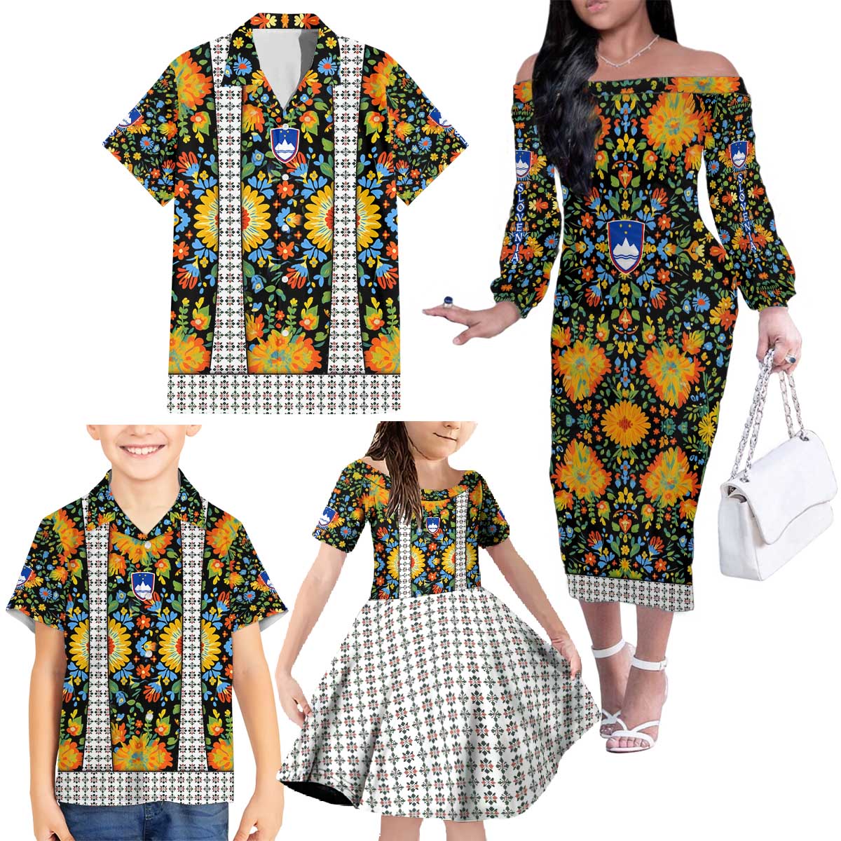 Slovenia Folk Art Family Matching Off The Shoulder Long Sleeve Dress and Hawaiian Shirt Bright Floral Pattern with National Crest Emblem