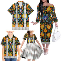 Slovenia Folk Art Family Matching Off The Shoulder Long Sleeve Dress and Hawaiian Shirt Bright Floral Pattern with National Crest Emblem