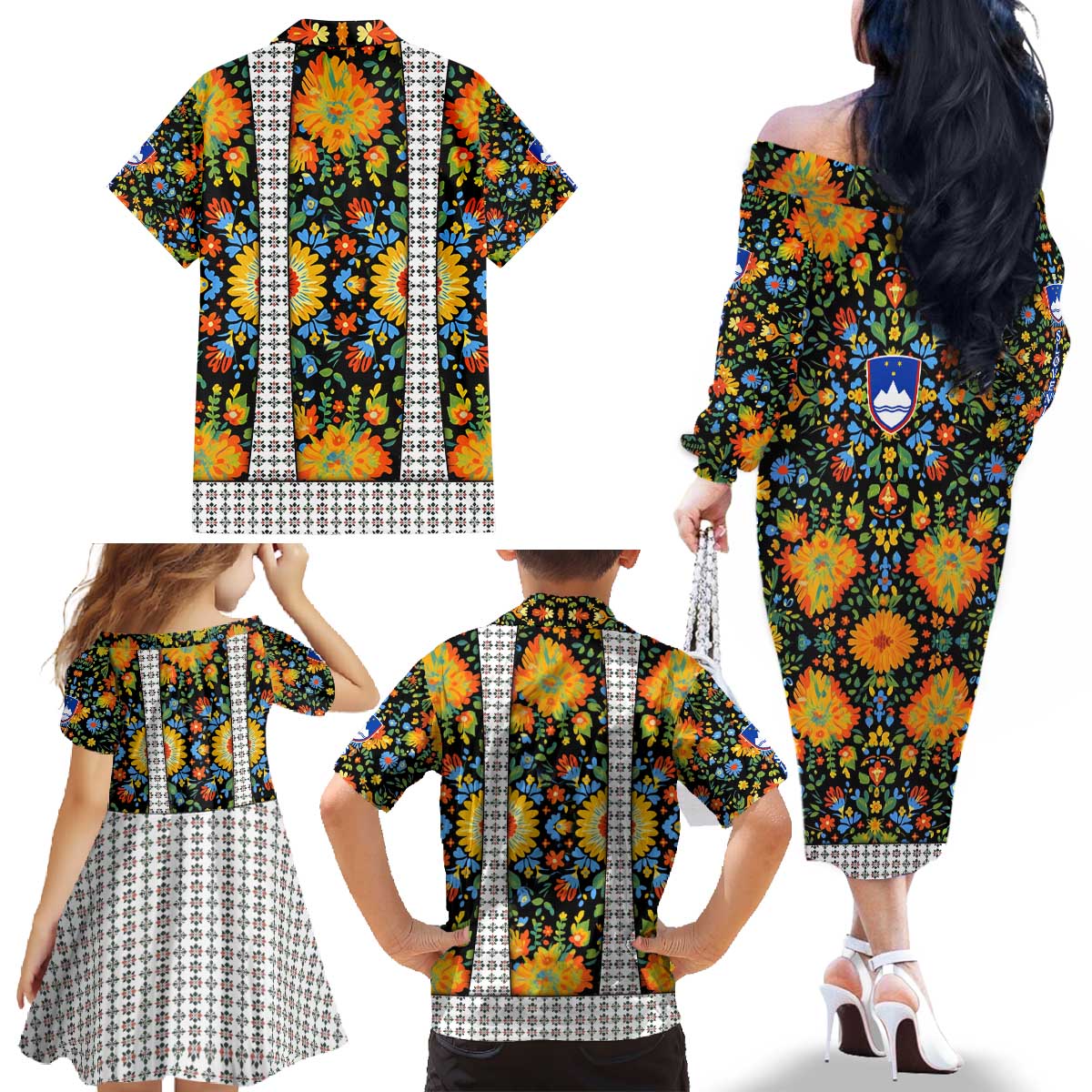 Slovenia Folk Art Family Matching Off The Shoulder Long Sleeve Dress and Hawaiian Shirt Bright Floral Pattern with National Crest Emblem