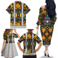 Slovenia Folk Art Family Matching Off The Shoulder Long Sleeve Dress and Hawaiian Shirt Bright Floral Pattern with National Crest Emblem