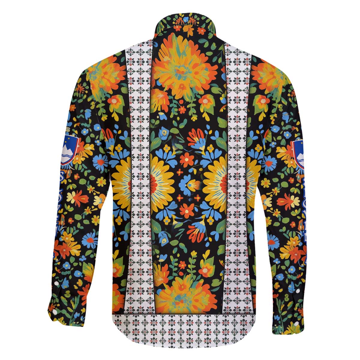 Slovenia Folk Art Family Matching Off The Shoulder Long Sleeve Dress and Hawaiian Shirt Bright Floral Pattern with National Crest Emblem