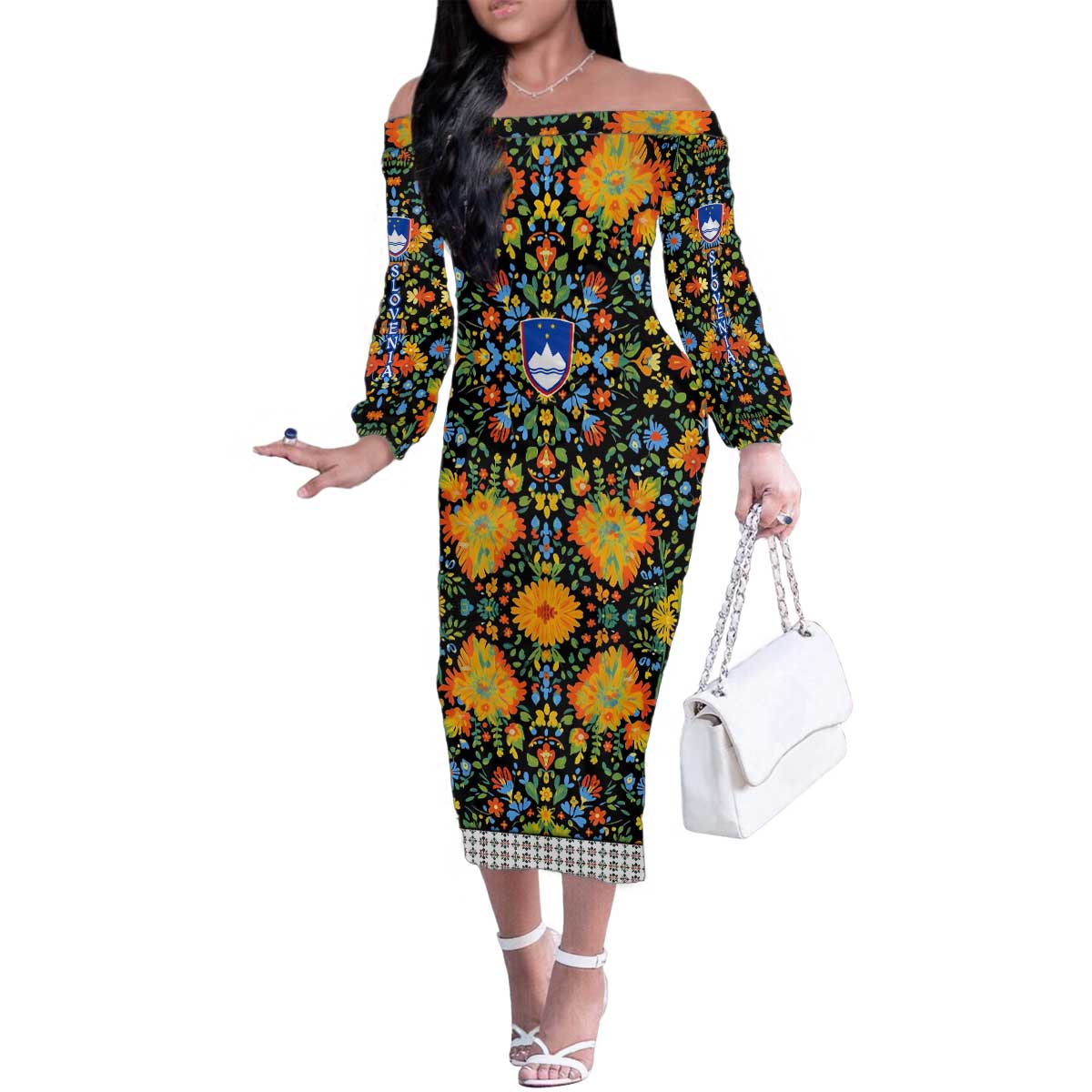 Slovenia Folk Art Family Matching Off The Shoulder Long Sleeve Dress and Hawaiian Shirt Bright Floral Pattern with National Crest Emblem