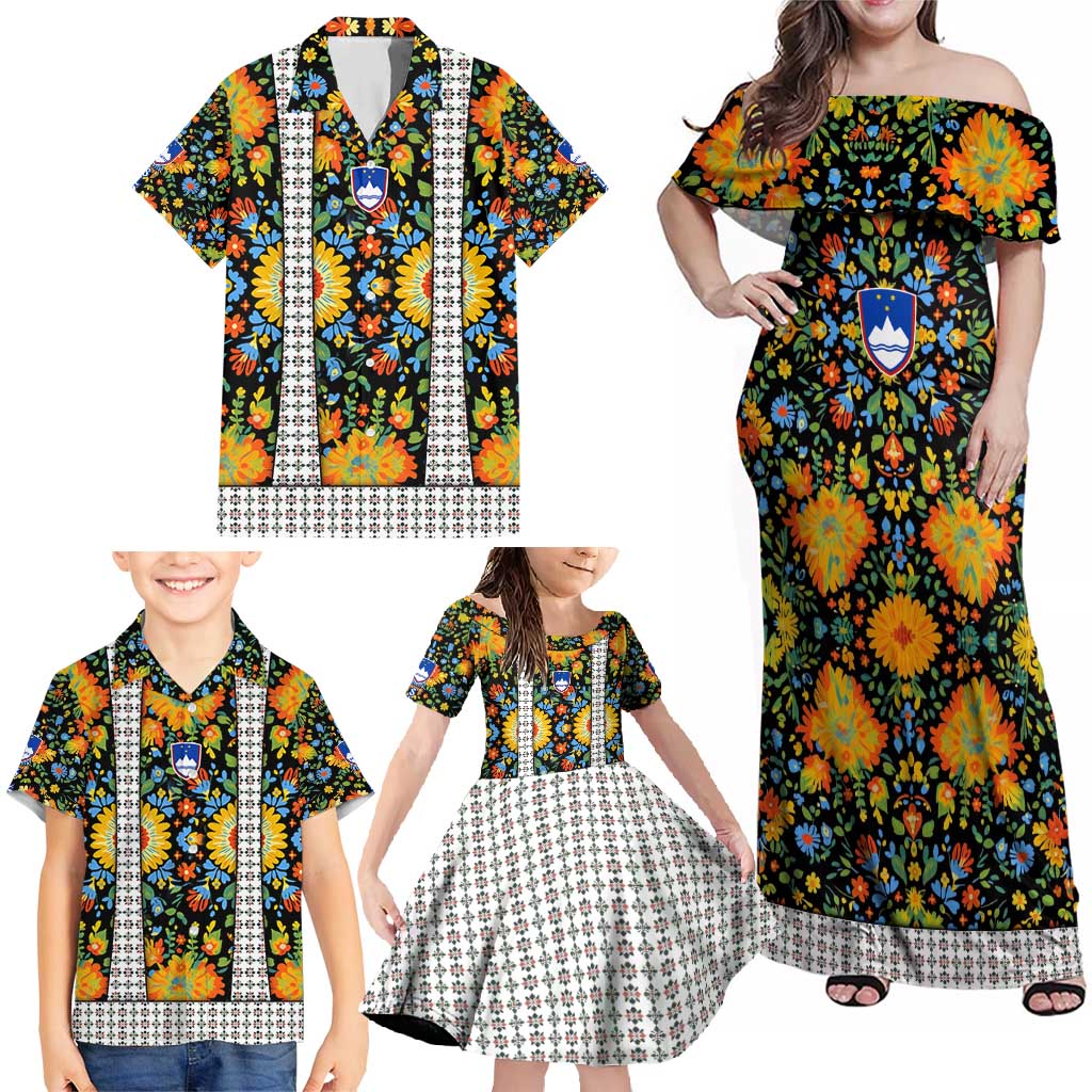Slovenia Folk Art Family Matching Off Shoulder Maxi Dress and Hawaiian Shirt Bright Floral Pattern with National Crest Emblem
