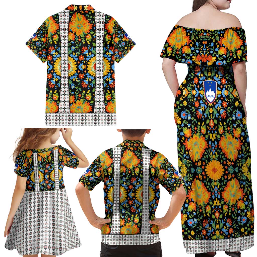Slovenia Folk Art Family Matching Off Shoulder Maxi Dress and Hawaiian Shirt Bright Floral Pattern with National Crest Emblem