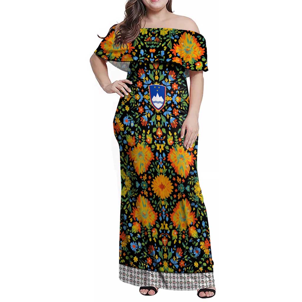 Slovenia Folk Art Family Matching Off Shoulder Maxi Dress and Hawaiian Shirt Bright Floral Pattern with National Crest Emblem
