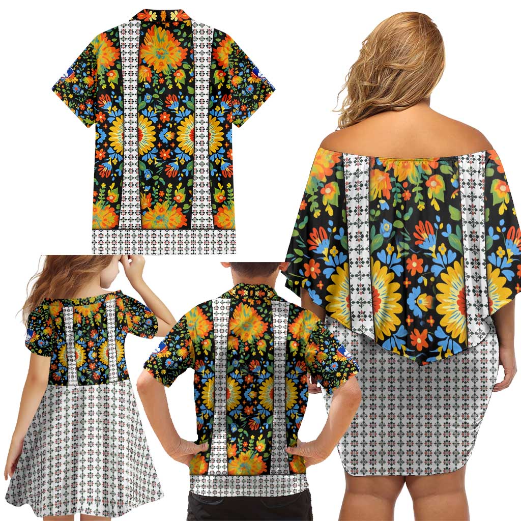 Slovenia Folk Art Family Matching Off Shoulder Short Dress and Hawaiian Shirt Bright Floral Pattern with National Crest Emblem