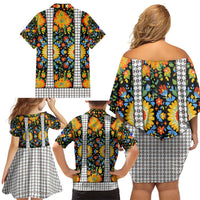 Slovenia Folk Art Family Matching Off Shoulder Short Dress and Hawaiian Shirt Bright Floral Pattern with National Crest Emblem