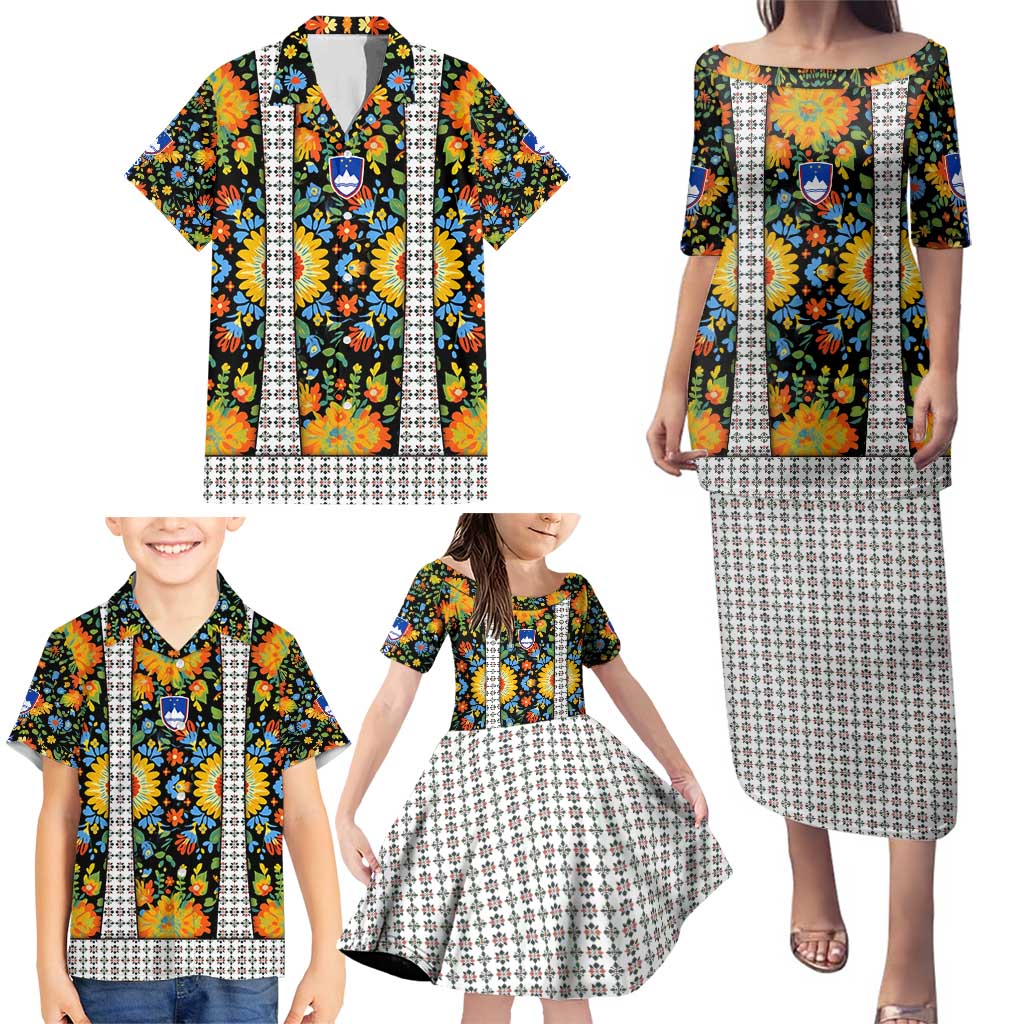 Slovenia Folk Art Family Matching Puletasi and Hawaiian Shirt Bright Floral Pattern with National Crest Emblem